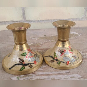 Vintage Brass Enamel Candle Holders